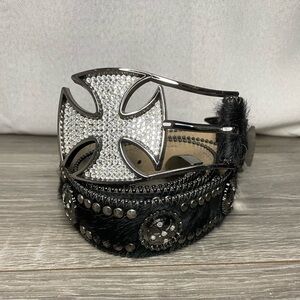 B.B Simon Black Studded Faux Fur Cross Belt - SZ 40